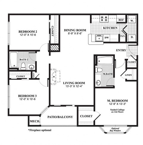 Floor plan for 3 beds, 2 baths, 1250 sqft